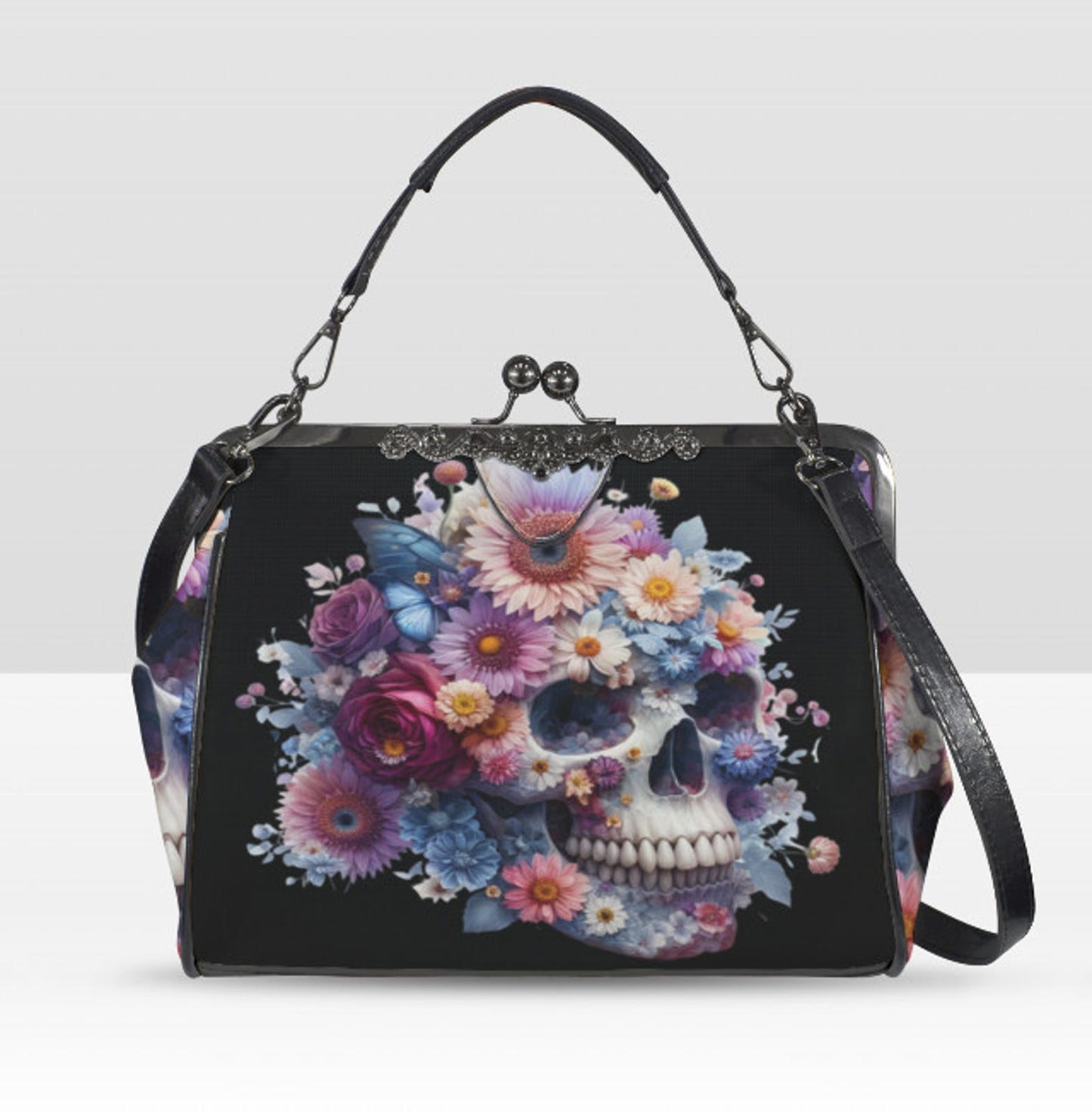 Sugar Skull Day of the Dead Halloween Floral Shoulder Cross Body Bag Satchel NEW Kisslock