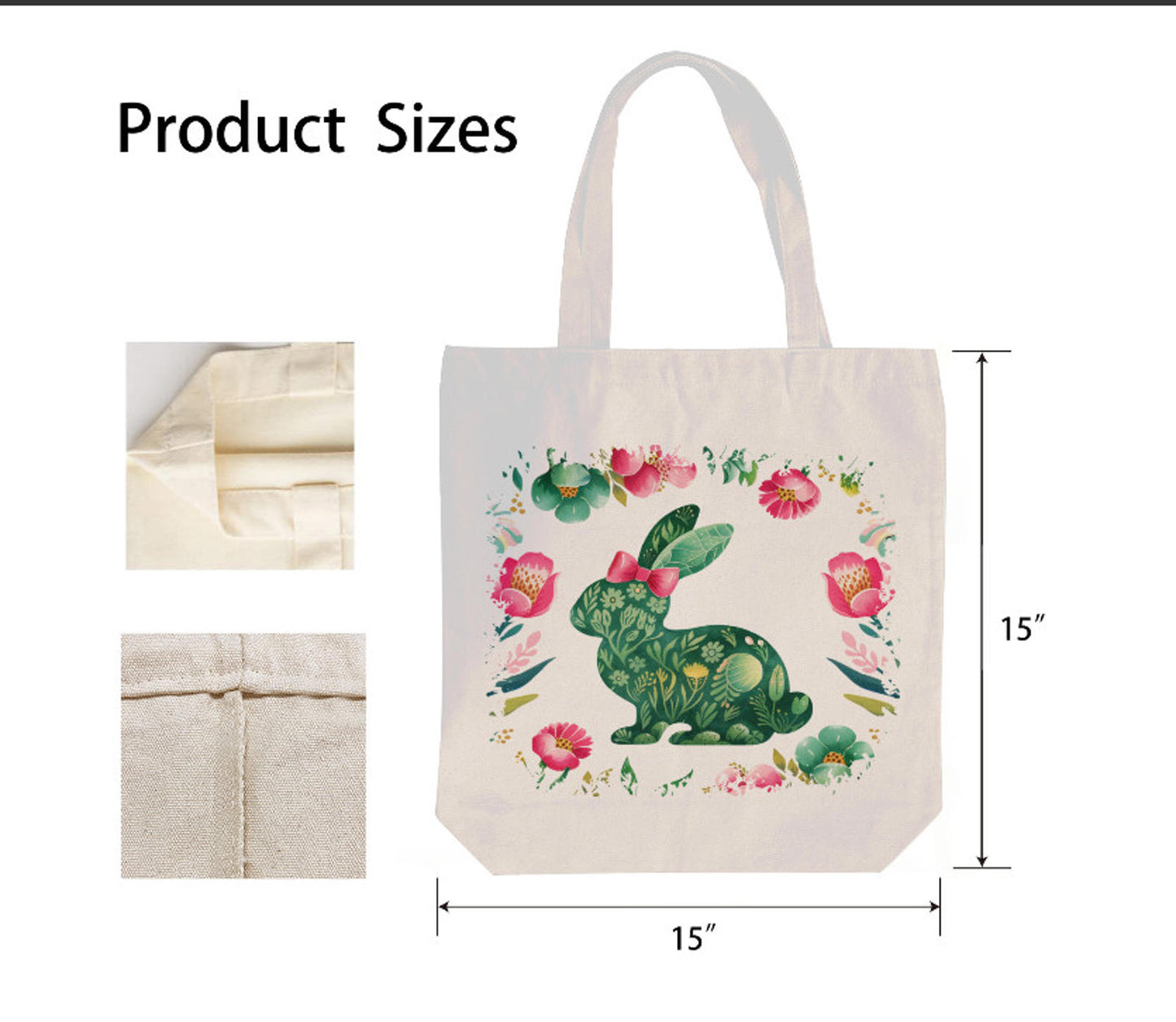 Easter Bunny Rabbit Green  Spring Flowers Canvas Shoulder Tote Bag 15" X 15" TerrificTrend
