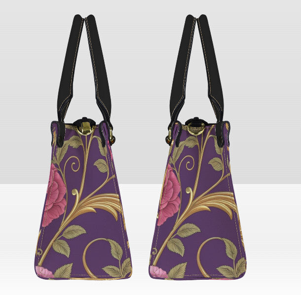 Victorian Purple Lavender Roses Gold Shoulder, Hand Bag, Satchel Floral Medium Terrific Trend