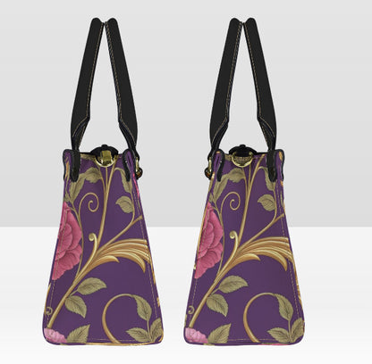 Victorian Purple Lavender Roses Gold Shoulder, Hand Bag, Satchel Floral Medium Terrific Trend