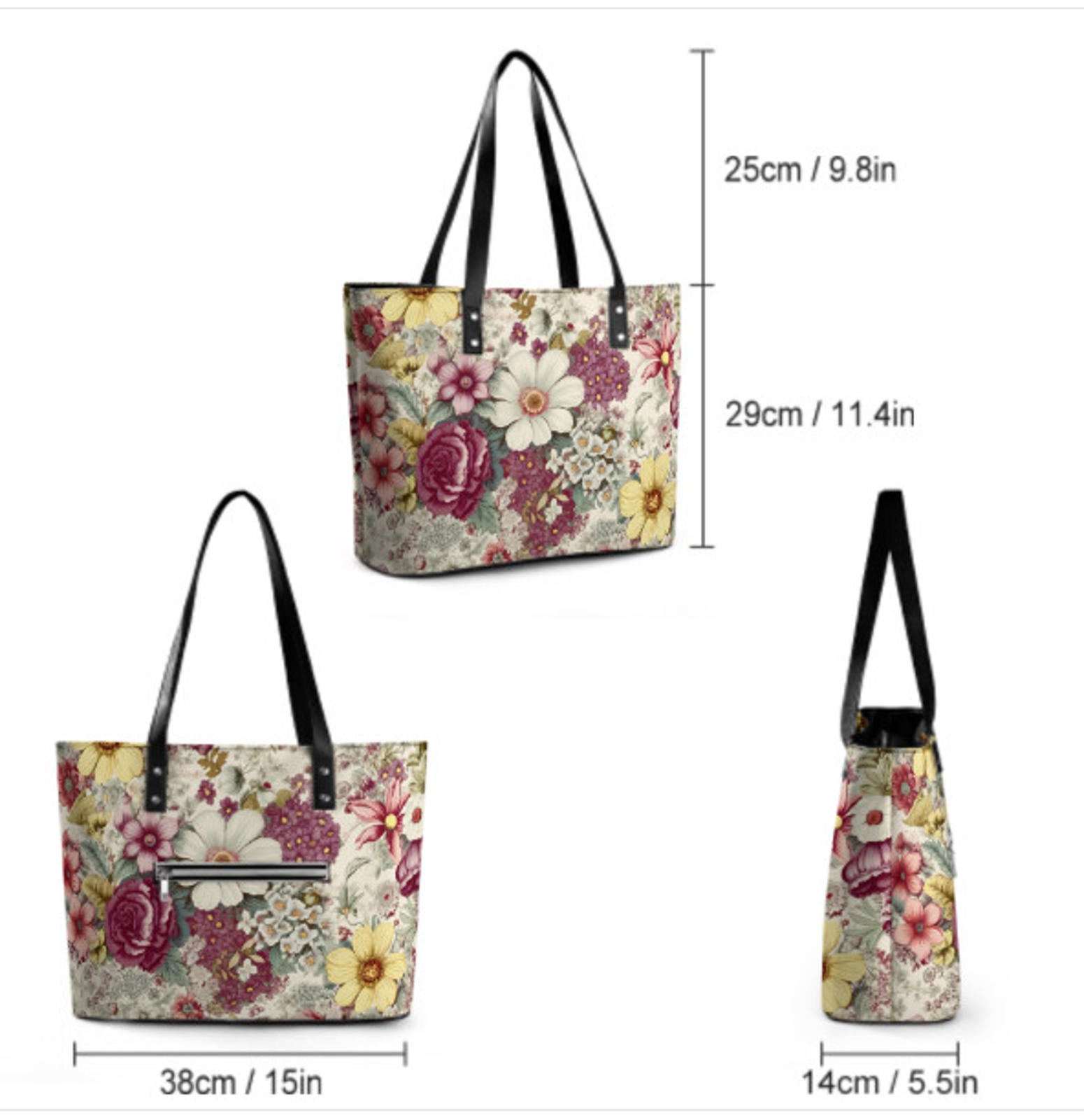 Custom Tote Hand Shoulder Bag 12 X 15 Spring Flowers Burgundy White Yellow Terrifictrend