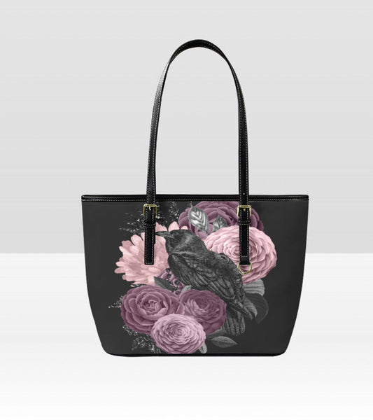 Custom Tote Hand Shoulder Bag 12 X 15 Gothic Crow Purple Lavender Flowers Terrifictrend