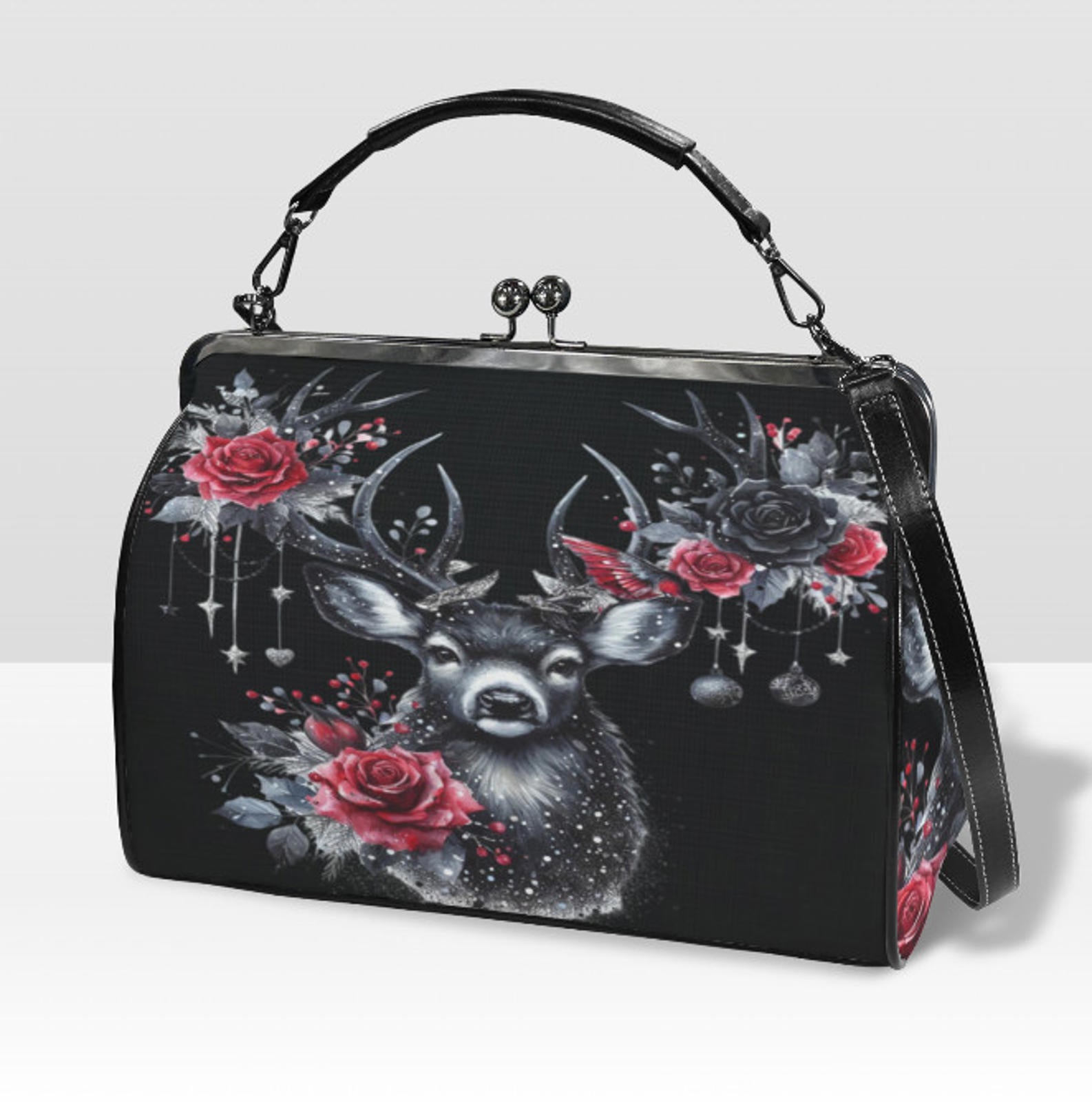 Gothic Christmas Deer Roses Hand Shoulder Cross Body Bag Satchel 9 x 13 Gift Kisslock