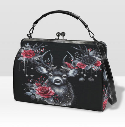 Gothic Christmas Deer Roses Hand Shoulder Cross Body Bag Satchel 9 x 13 Gift Kisslock