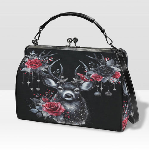 Gothic Christmas Deer Roses Hand Shoulder Cross Body Bag Satchel 9 x 13 Gift Kisslock