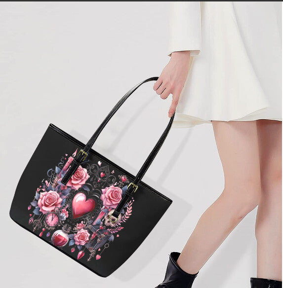 Custom Tote Hand Shoulder Bag 12 X 15 Gothic Black Pink Roses Skull Candle Heart Terrifictrend