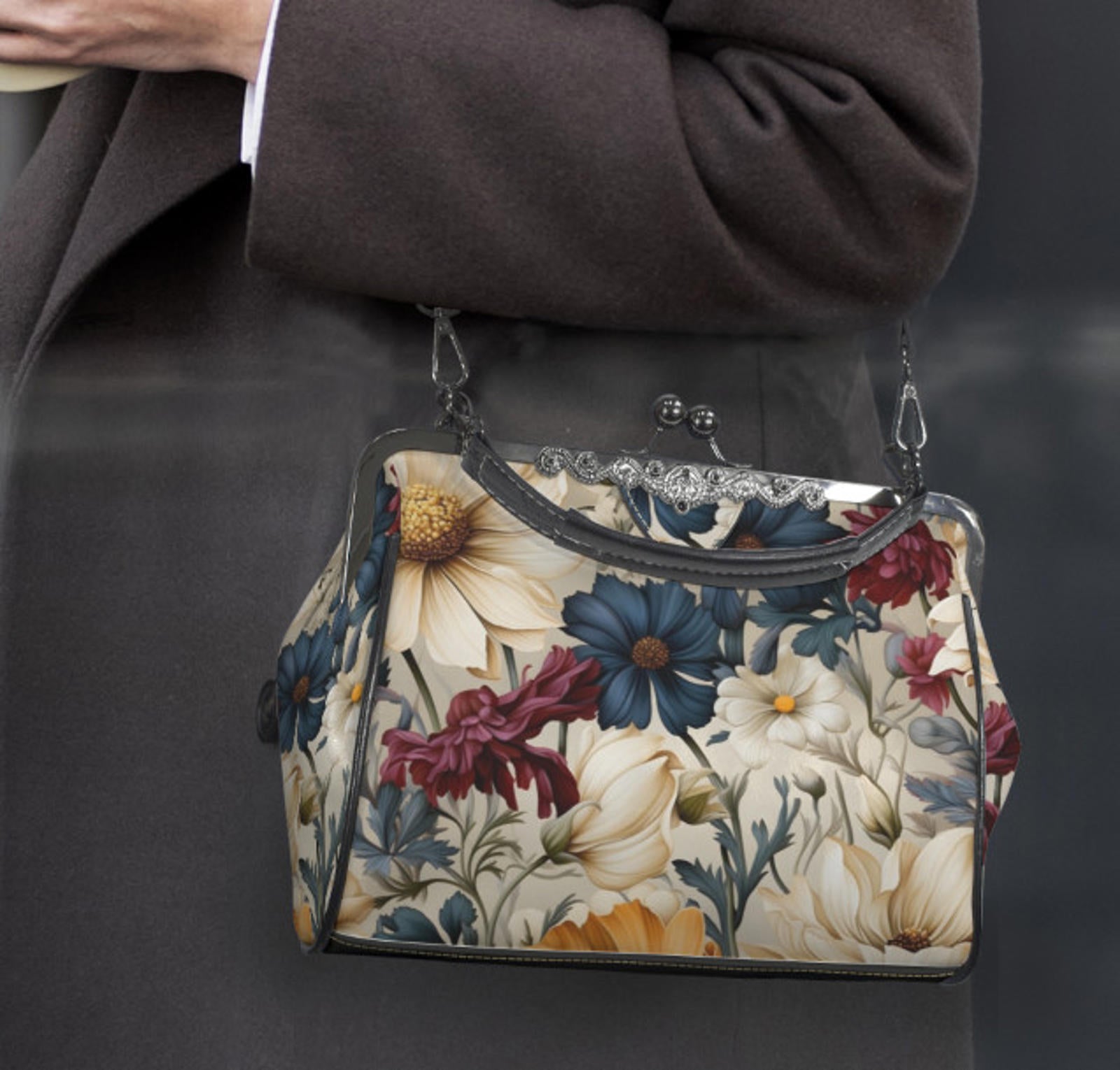 Winter Blue Burgundy Cream Flowers Shoulder Cross Body Bag Satchel Holiday Gift Kisslock