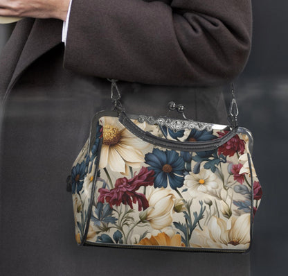 Winter Blue Burgundy Cream Flowers Shoulder Cross Body Bag Satchel Holiday Gift Kisslock