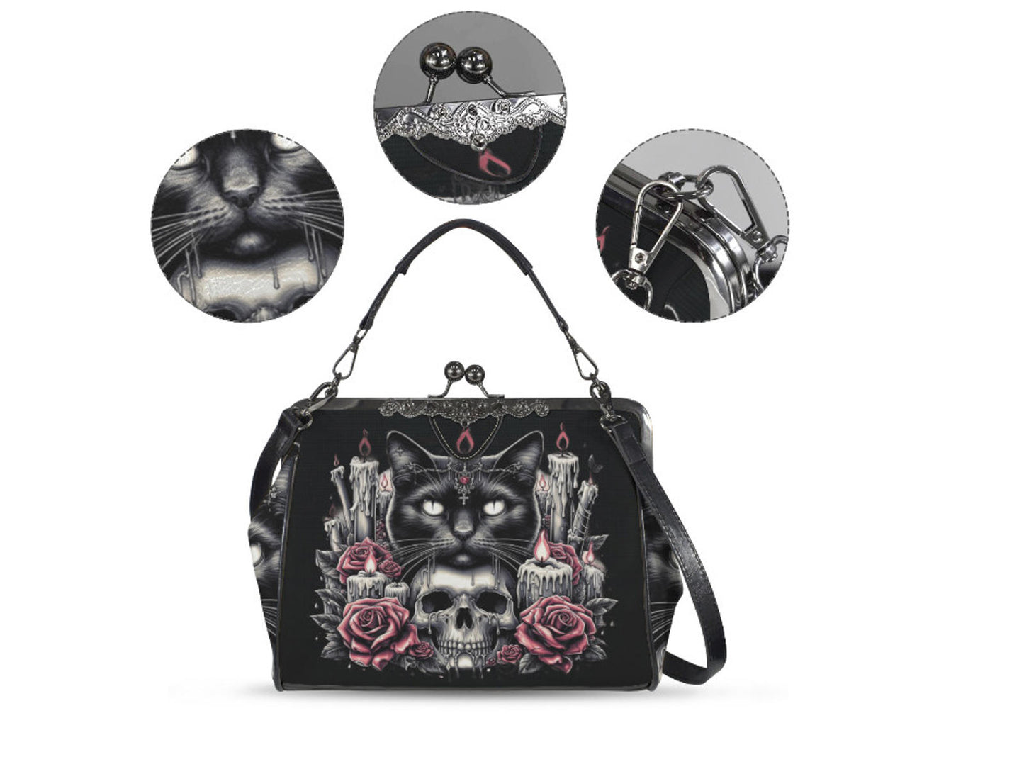 Dark Victorian Gothic Black Cat Candles Roses  Shoulder Cross Body Bag Satchel Kisslock