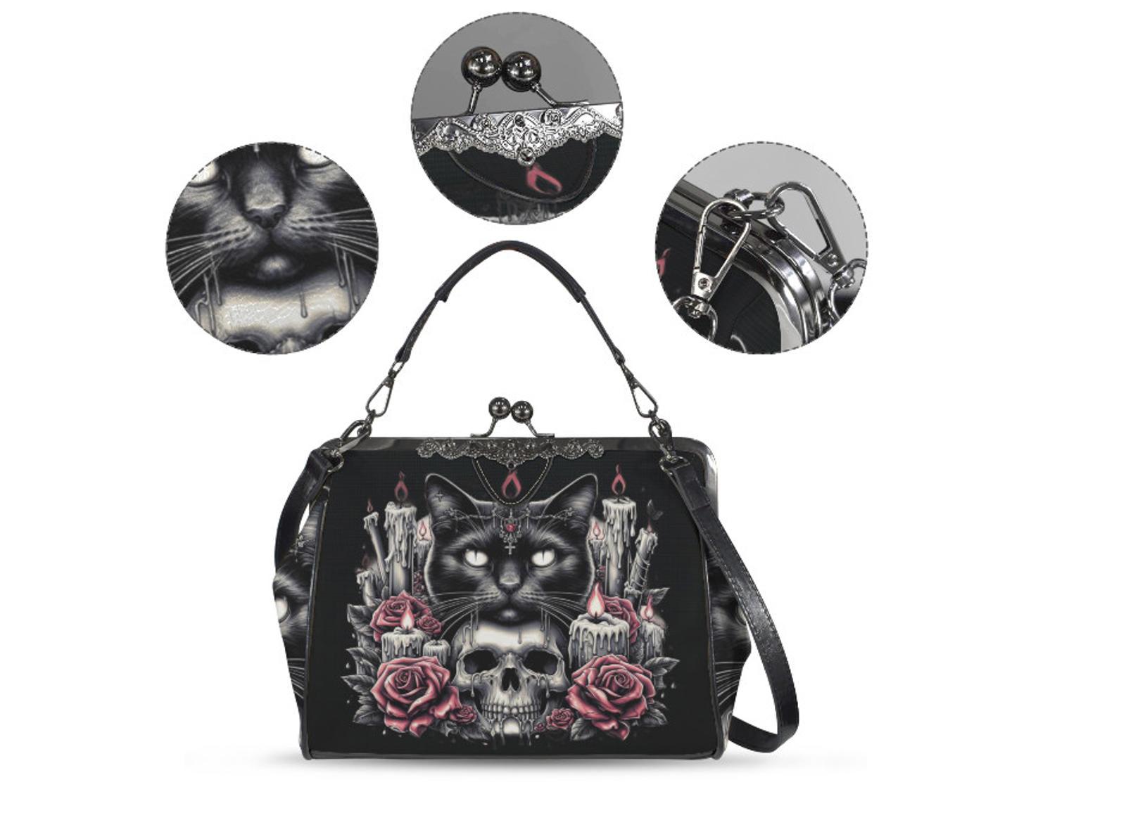 Dark Victorian Gothic Black Cat Candles Roses  Shoulder Cross Body Bag Satchel Kisslock