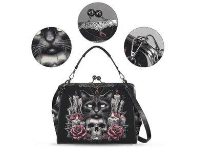 Dark Victorian Gothic Black Cat Candles Roses  Shoulder Cross Body Bag Satchel Kisslock