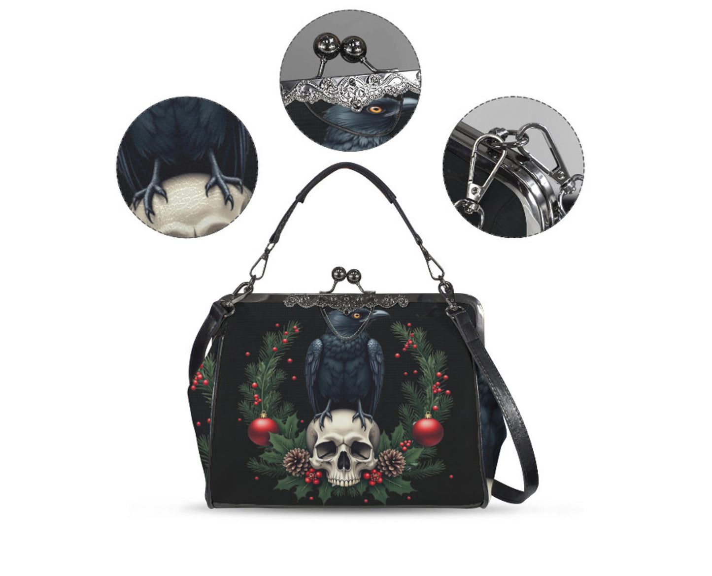 Victorian Gothic Crow Bird Skull Christmas  Shoulder Cross Body Hand Bag Satchel Kisslock