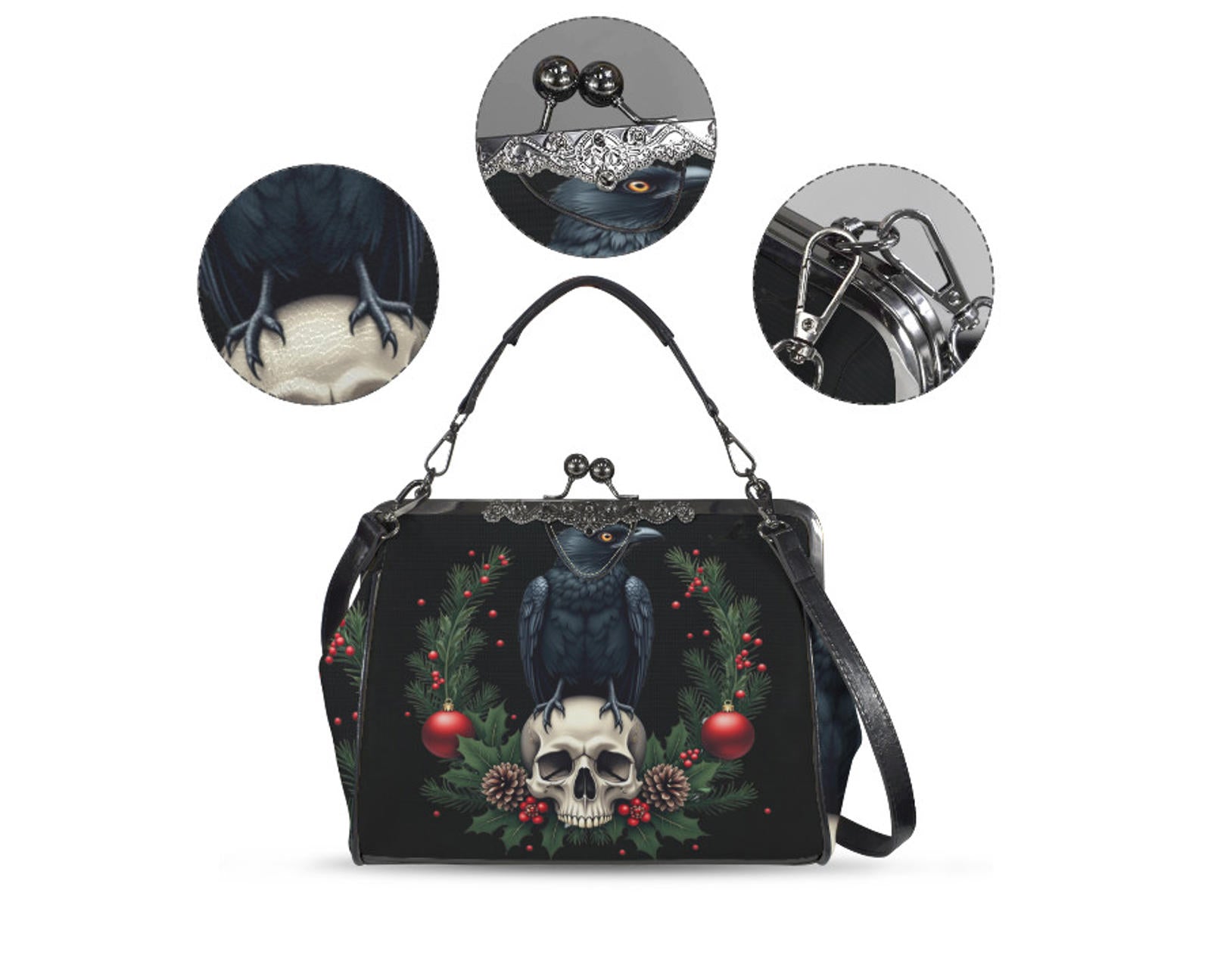 Victorian Gothic Crow Bird Skull Christmas  Shoulder Cross Body Hand Bag Satchel Kisslock
