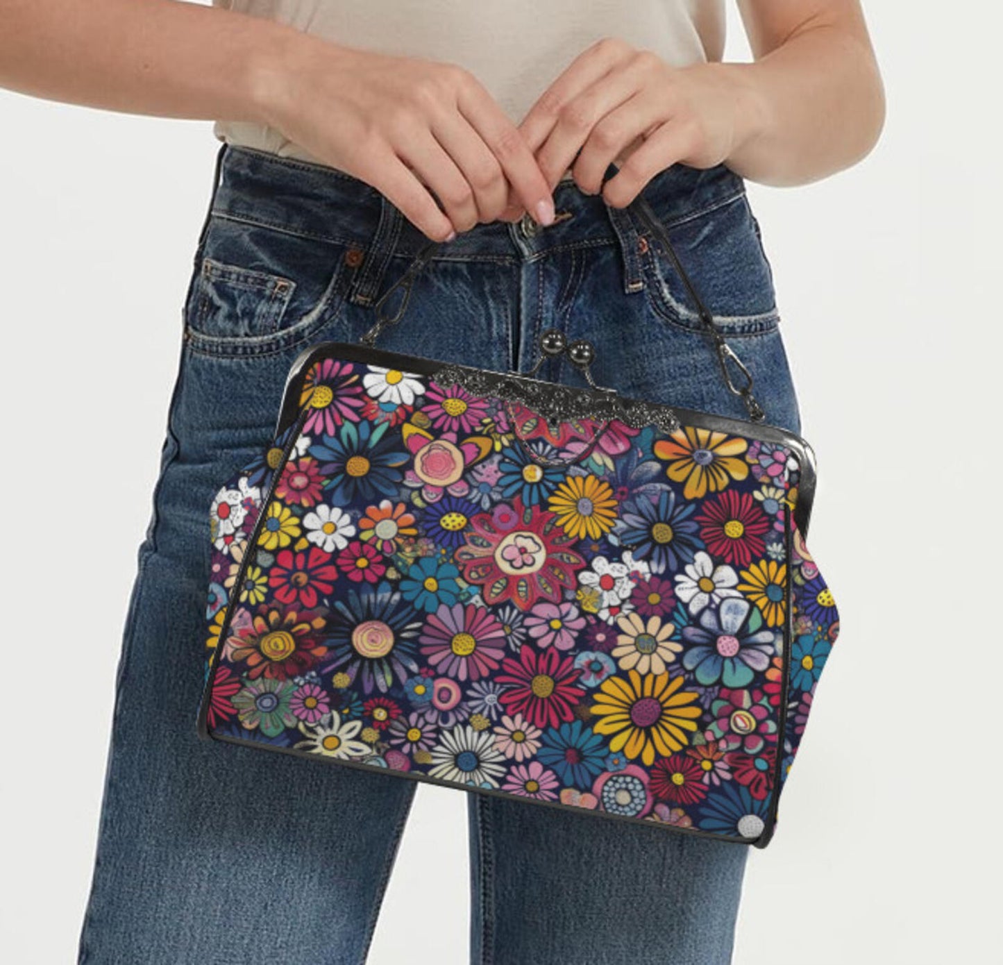 Whimsical Flower Art Spring Mother's Day Shoulder Cross Body Bag Satchel NEW Kisslock