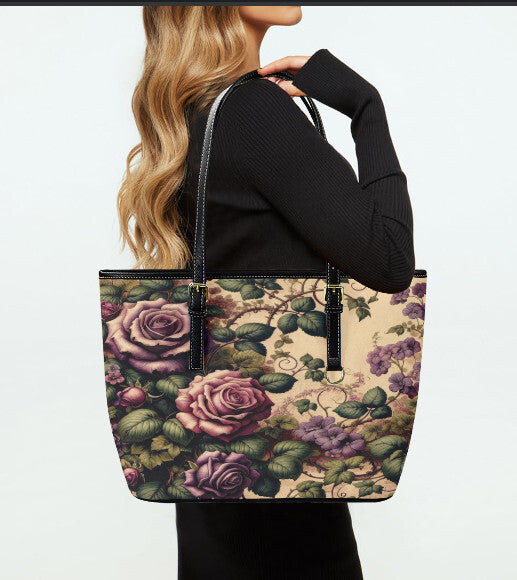 Custom Tote Hand Shoulder Bag 12 X 15 Gothic Victorian Black Purple Green Roses Terrifictrend
