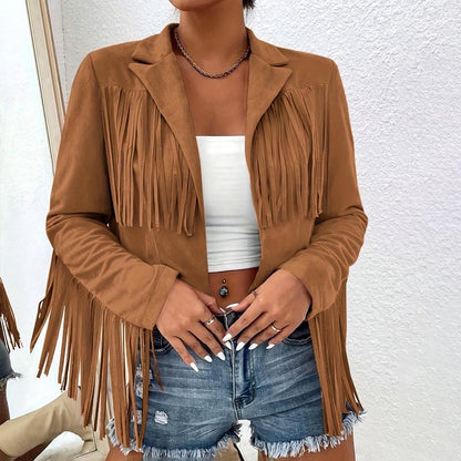 Women's Solid Color Fashion Lapel Loose Fit Fringe Long Sleeve Jacket - Stylish Tassel Detail On Chest & Sleeves For Fall&Winter Casual Wear Cj