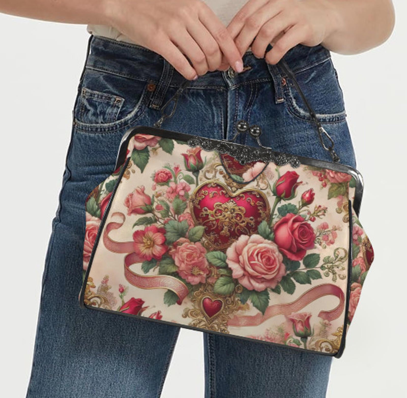 Victorian Heart Valentine's Day Red Rose  Shoulder Cross Body Hand Bag Satchel Kisslock