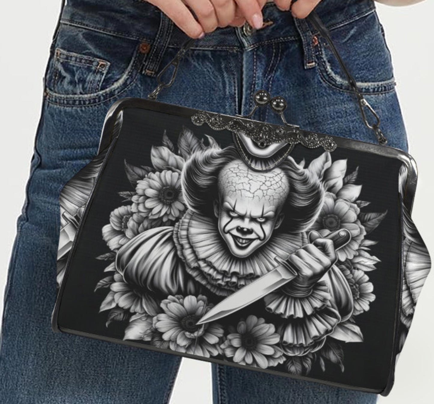 Stephen King IT Clown Halloween Floral Shoulder Cross Body Bag Satchel NEW Kisslock