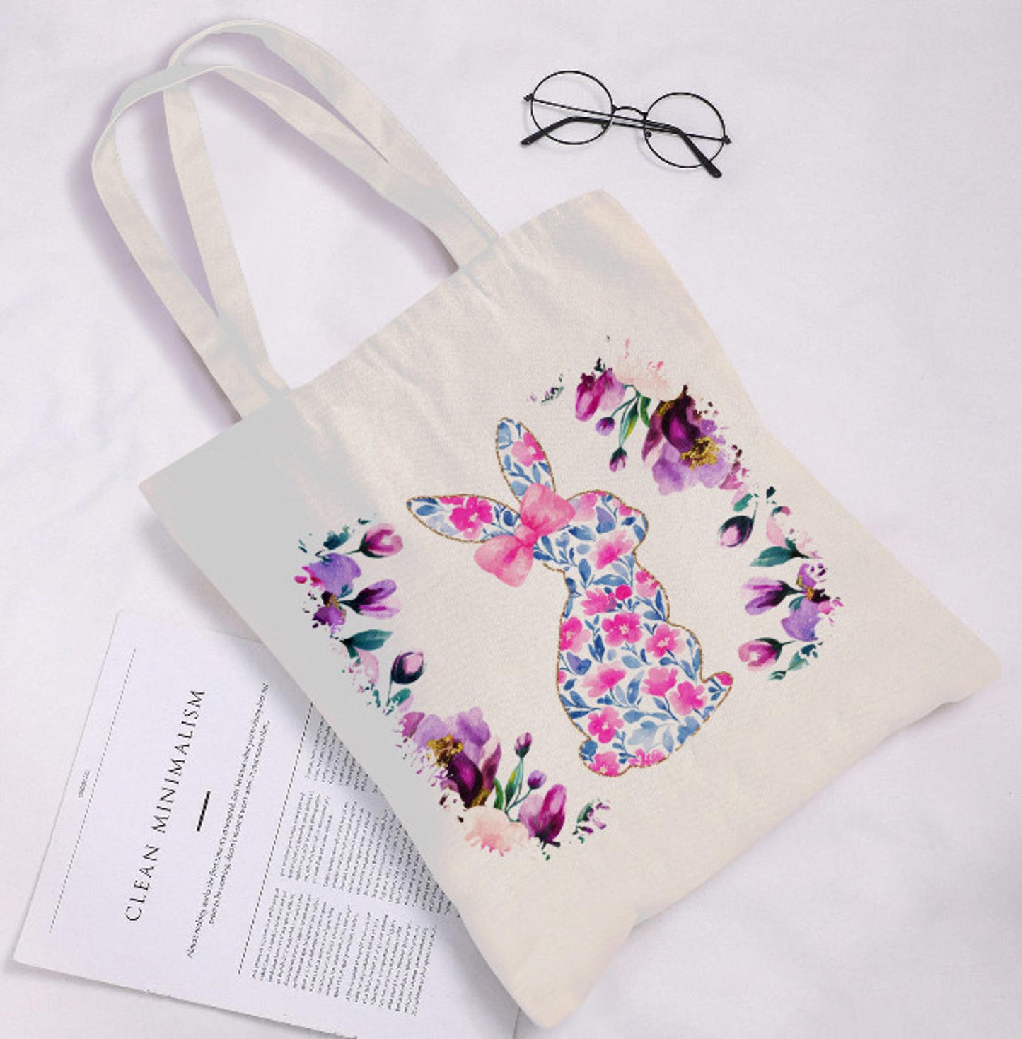 Easter Bunny Rabbit Purple  Spring Flowers Canvas Shoulder Tote Bag 15" X 15" TerrificTrend