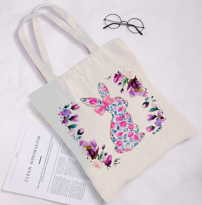 Easter Bunny Rabbit Purple  Spring Flowers Canvas Shoulder Tote Bag 15" X 15" TerrificTrend