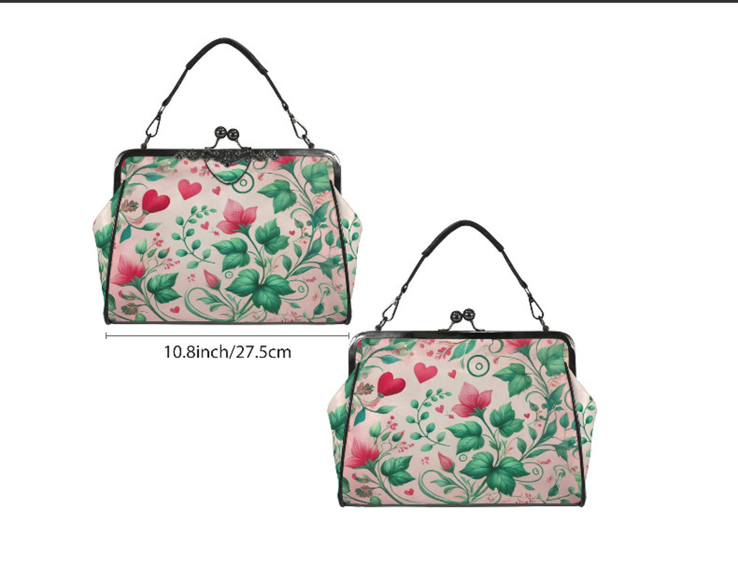 Victorian Valentine Red Pink Roses Heart Shoulder Cross Body Hand Bag Satchel Kisslock