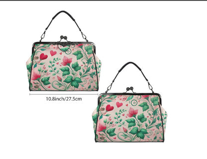 Victorian Valentine Red Pink Roses Heart Shoulder Cross Body Hand Bag Satchel Kisslock