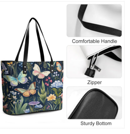Custom Tote Hand Shoulder Bag 12 X 15 Spring Flowers Butterflies Navy Blue Gift Terrifictrend