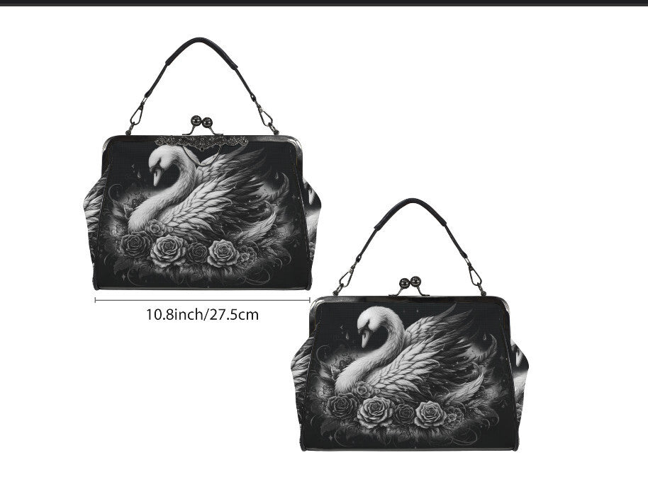 Dark Victorian Gothic White Swan Roses Shoulder Cross Body Bag Satchel Kisslock