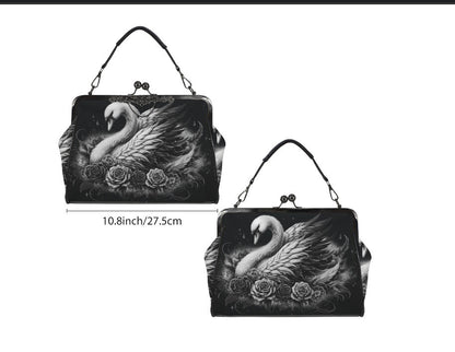 Dark Victorian Gothic White Swan Roses Shoulder Cross Body Bag Satchel Kisslock