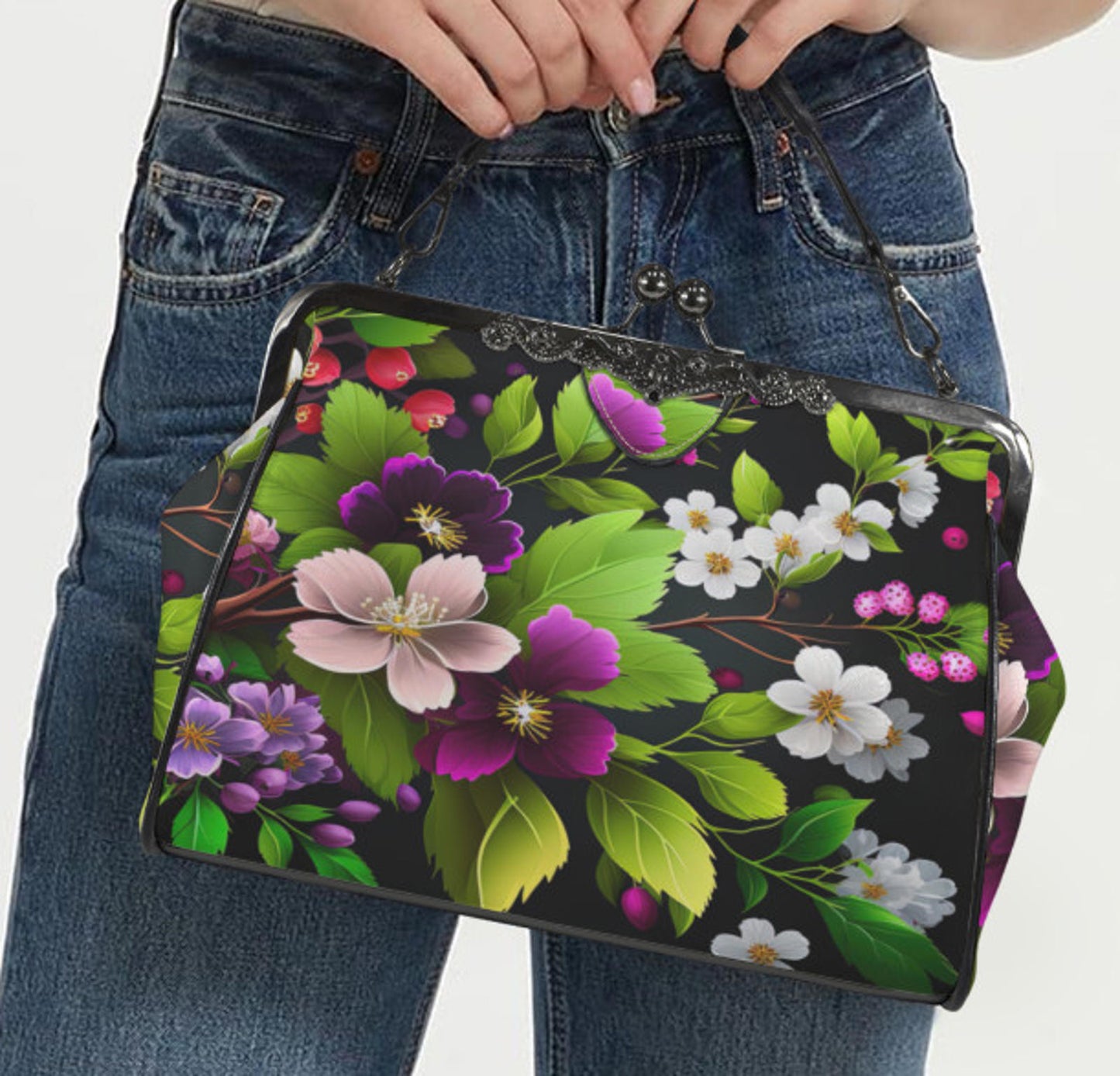 Spring Green White Lavender Flowers Shoulder Cross Body Bag Satchel Mother's Day Kisslock