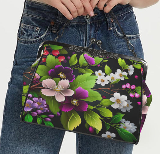 Spring Green White Lavender Flowers Shoulder Cross Body Bag Satchel Mother's Day Kisslock