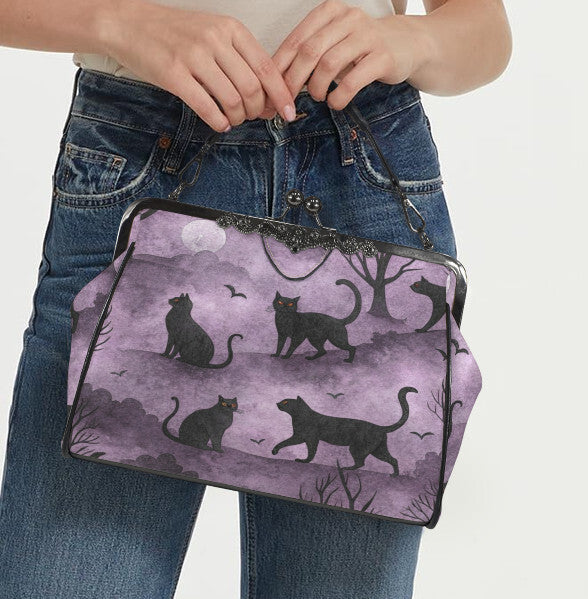 Purple Black Cat Spooky Fun Halloween Holiday SATCHEL or Cross Body Bag 10" x 8" Unbranded