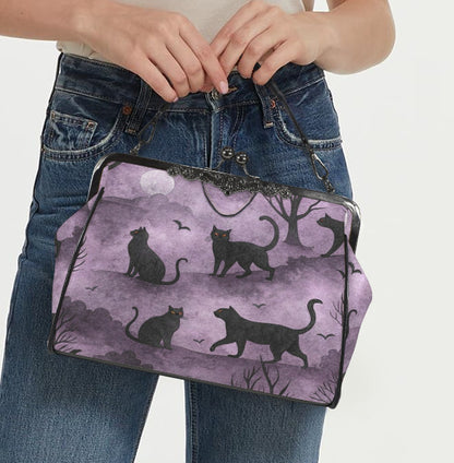 Purple Black Cat Spooky Fun Halloween Holiday SATCHEL or Cross Body Bag 10" x 8" Unbranded
