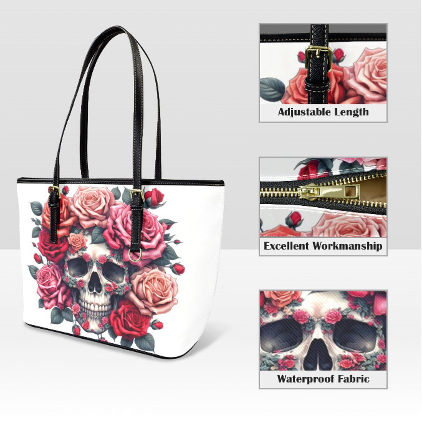 Custom Tote Hand Shoulder Bag 12 X 15 Happy Mothers Day Gothic Skull Red Roses Terrifictrend