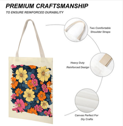 Vintage Retro Pink Yellow Flowers Reusable Tote Bag Print on 2 Sides 14 x 18 Terrifictrend