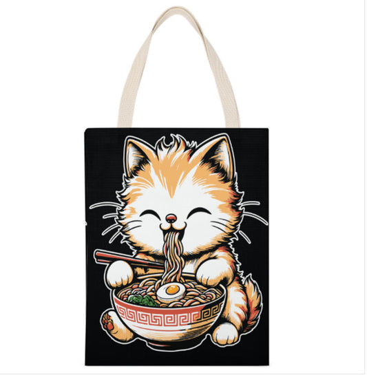 Cute Anime Cat Eating Ramen Reusable Recycled Tote Bag Print on 2 Sides 14 x 18 Terrifictrend