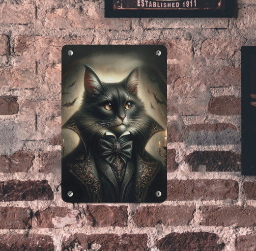 Gothic Victorian  Anthropomorphism Halloween Dracula Cat Metal Sign  Wall Decor Handcrafted