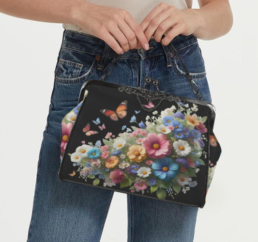 Black Multi Floral Butterfly Spring Mother's Day Shoulder Cross Body Bag Satchel Kisslock