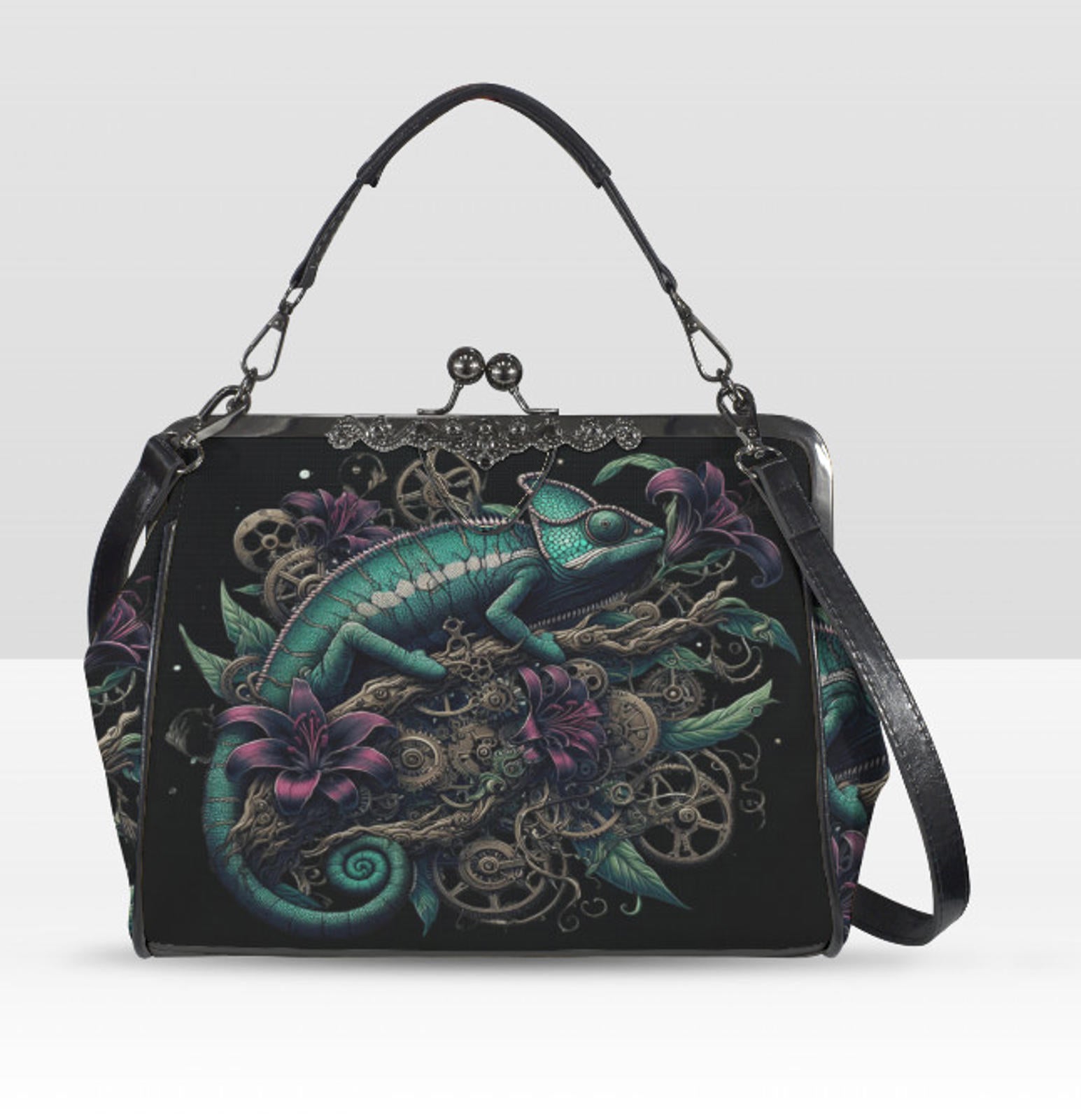 Dark Victorian Steampunk Chameleon Reptile Earth Shoulder Cross Body Bag Satchel Kisslock
