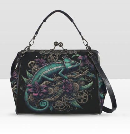 Dark Victorian Steampunk Chameleon Reptile Earth Shoulder Cross Body Bag Satchel Kisslock