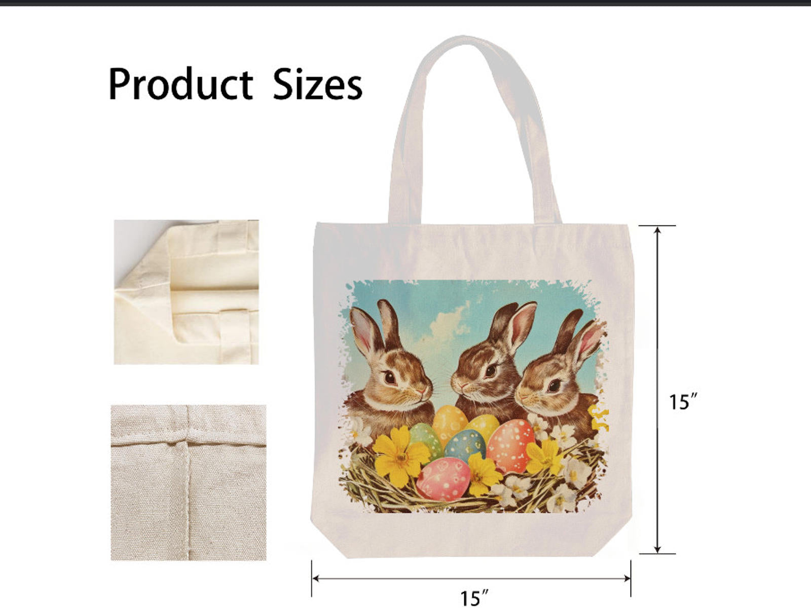 Vintage Easter Bunny Family Spring Flowers Canvas Shoulder Tote Bag 15" X 15" TerrificTrend