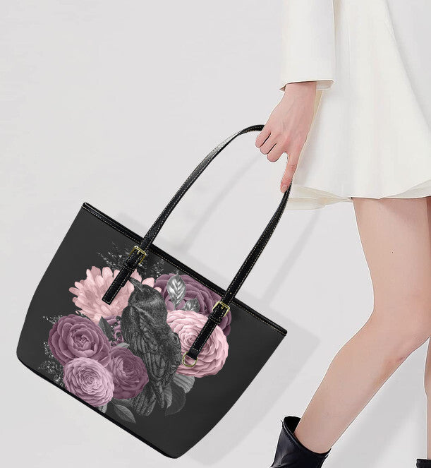Custom Tote Hand Shoulder Bag 12 X 15 Gothic Crow Purple Lavender Flowers Terrifictrend