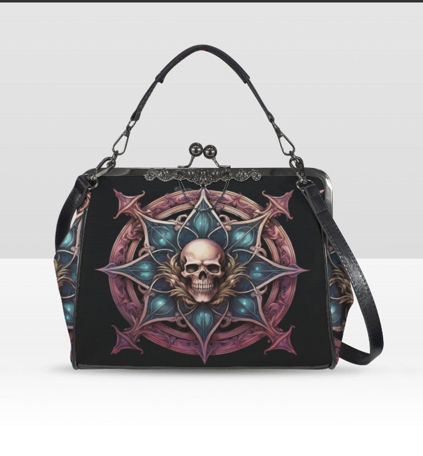 Dark Victorian Gothic Medieval Skull Shieldl Shoulder Cross Body Bag Satchel NEW Kisslock