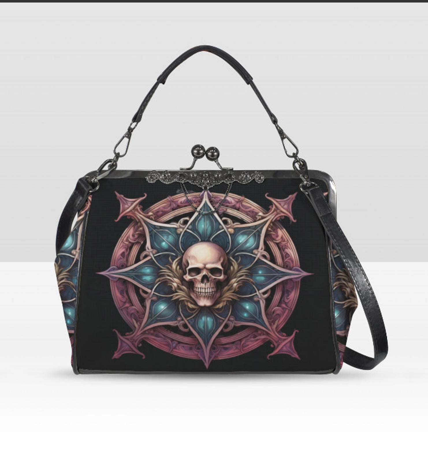 Dark Victorian Gothic Medieval Skull Shieldl Shoulder Cross Body Bag Satchel NEW Kisslock