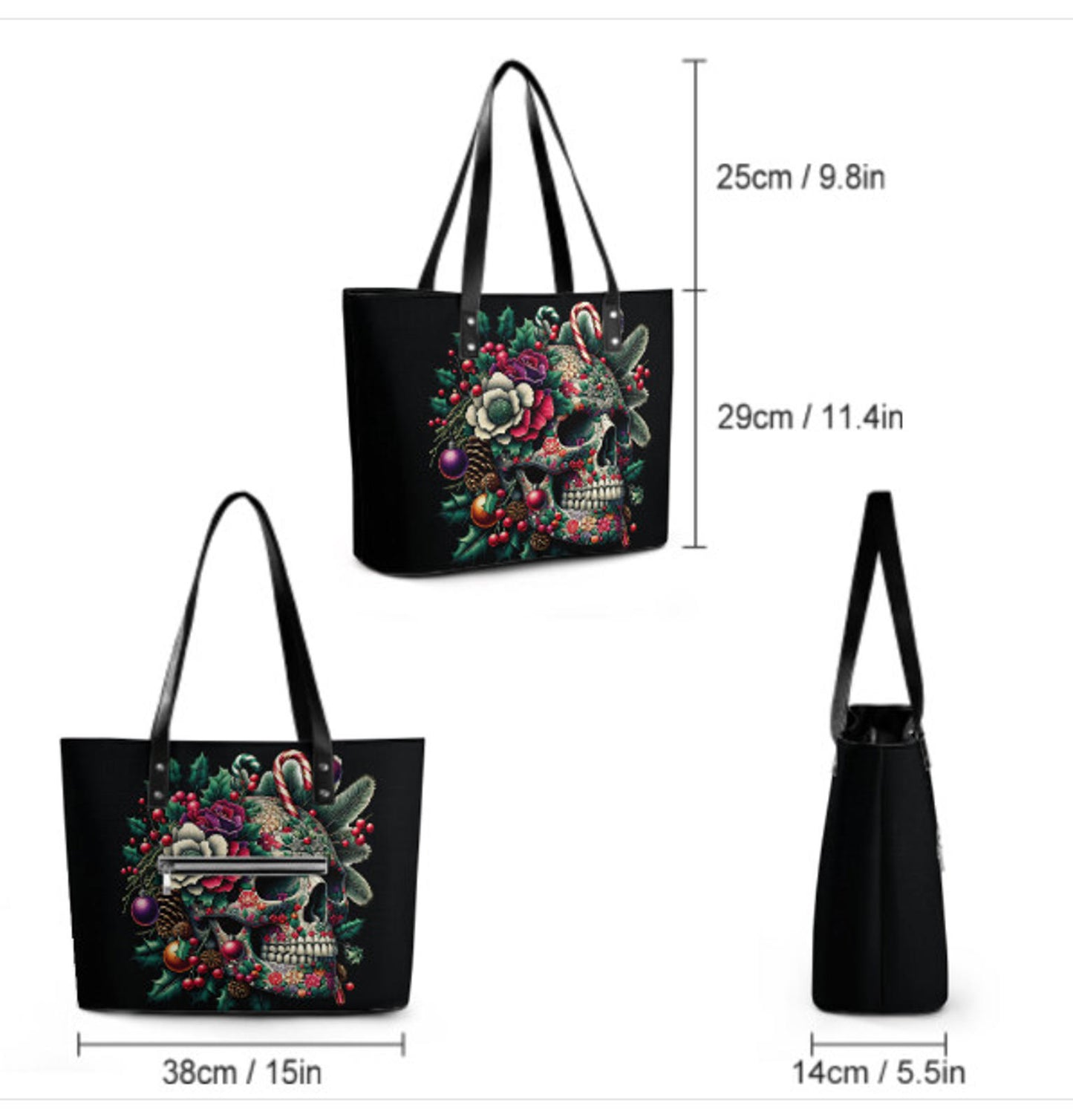 Custom Tote Hand Shoulder Bag 12 X 15 Gothic Sugar Skull Xmas  Holiday Gift  NEW Terrifictrend