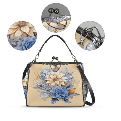 Winter Brown Gold Blue Flowers Shoulder Cross Body Bag Satchel Christmas Gift Kisslock