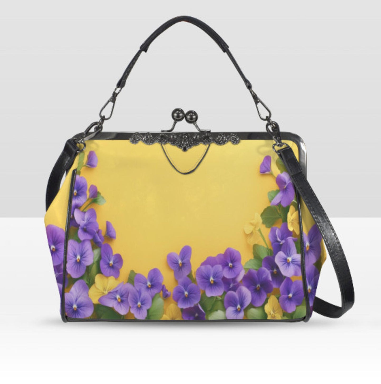 Yellow Floral Purple Flowers Spring Mother's Day Shoulder Cross Body Bag Satchel Kisslock
