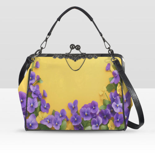 Yellow Floral Purple Flowers Spring Mother's Day Shoulder Cross Body Bag Satchel Kisslock