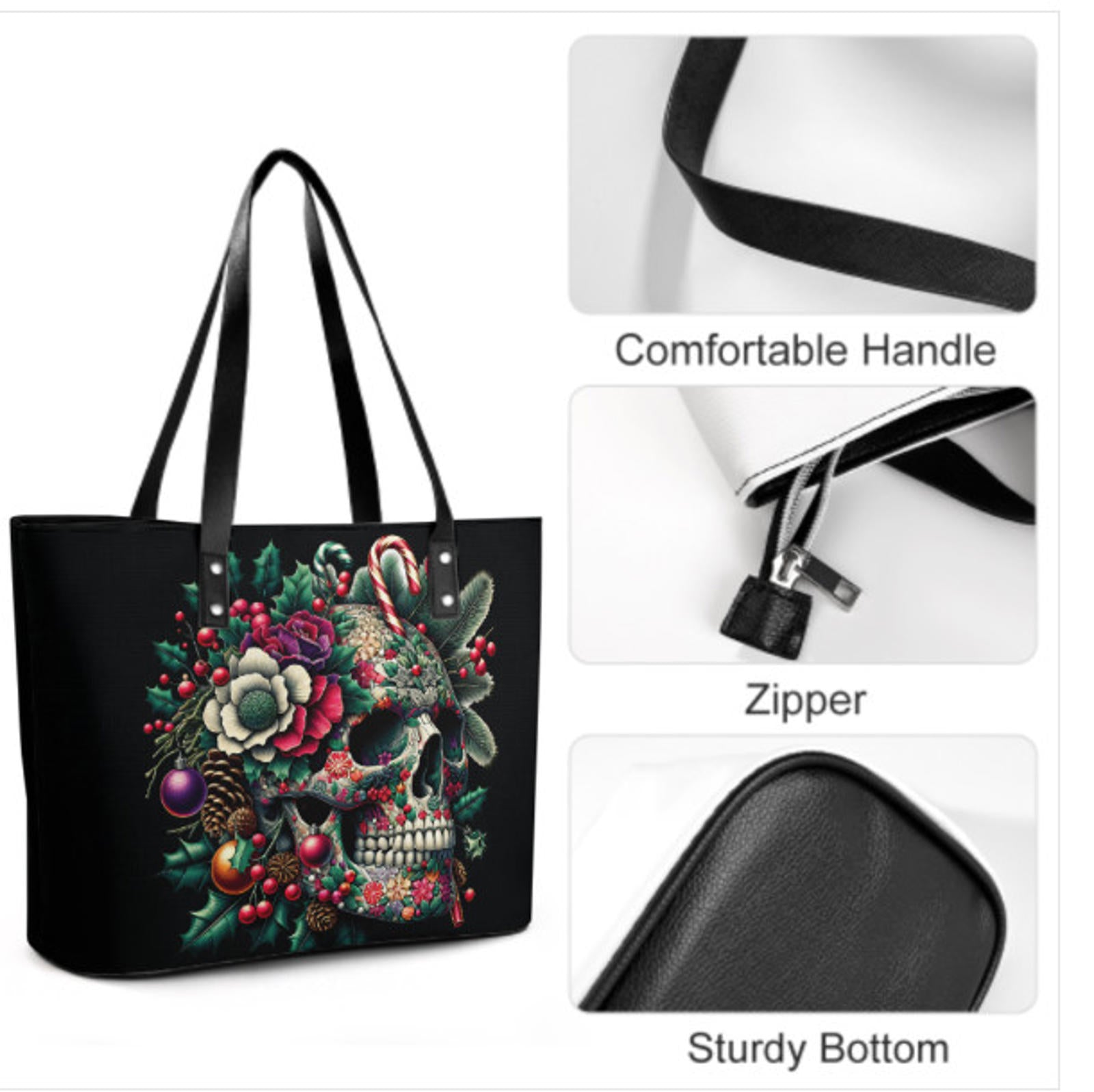 Custom Tote Hand Shoulder Bag 12 X 15 Gothic Sugar Skull Xmas  Holiday Gift  NEW Terrifictrend