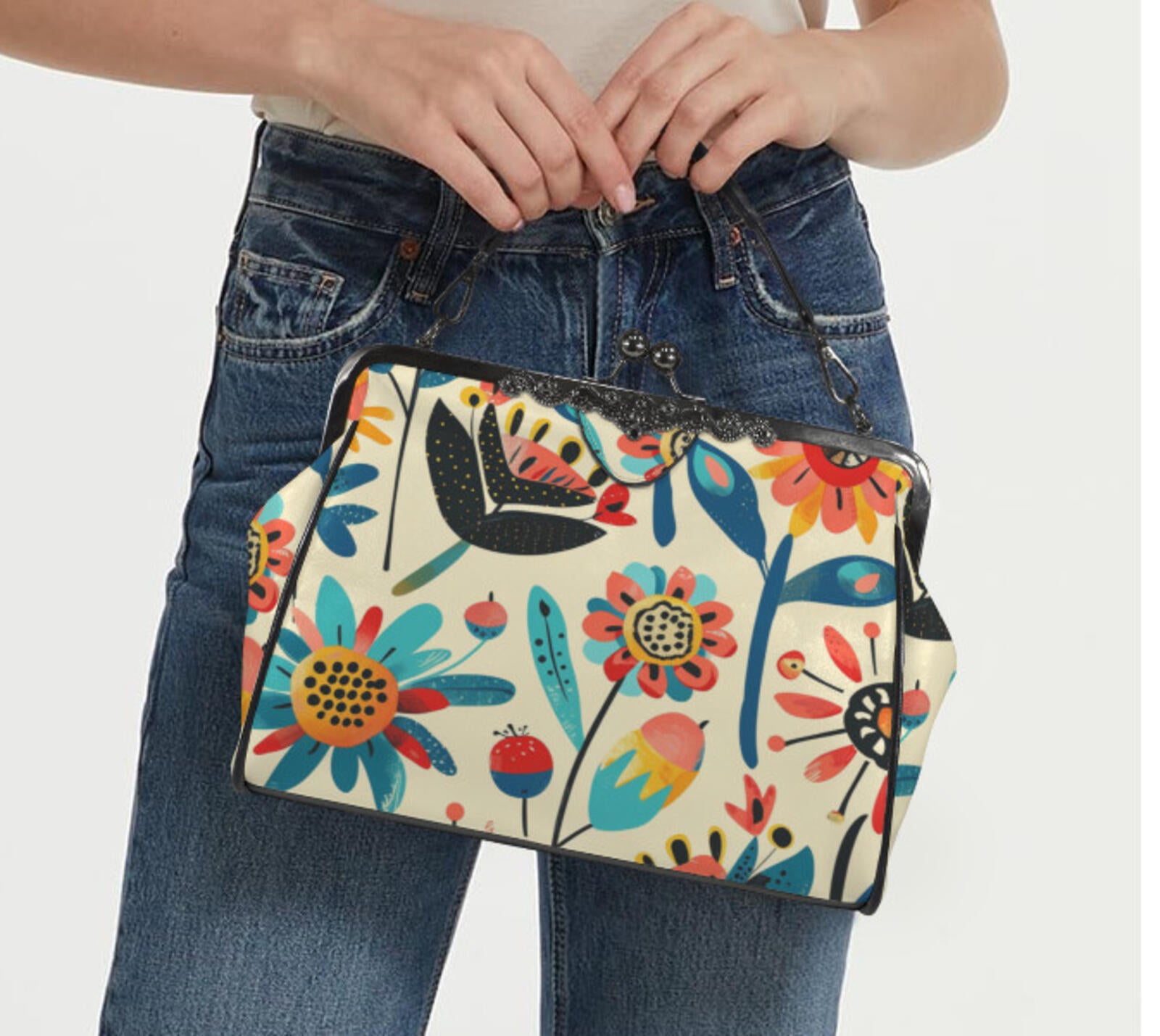 Whimsical Flower Art Spring Mother's Day Shoulder Cross Body Bag Satchel NEW Kisslock